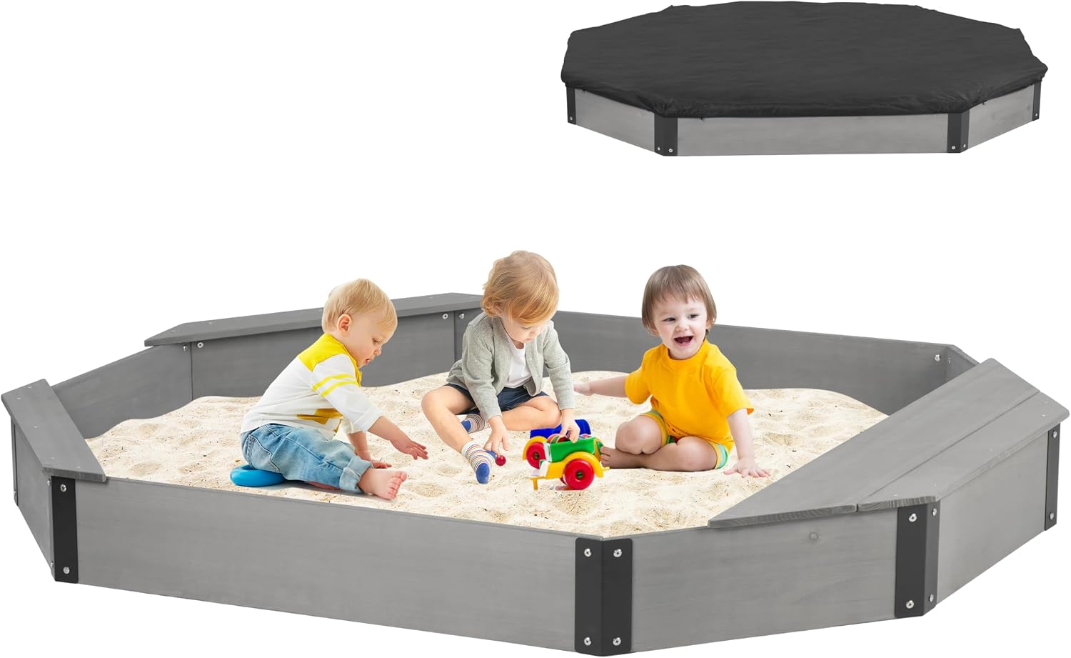 75.5''x53''x8.5'' Wooden Octagon Sandbox with Storage, Large Sandpit with Cover for Kids Outdoor Patio Backyard Play, Easy & Quick Assemble