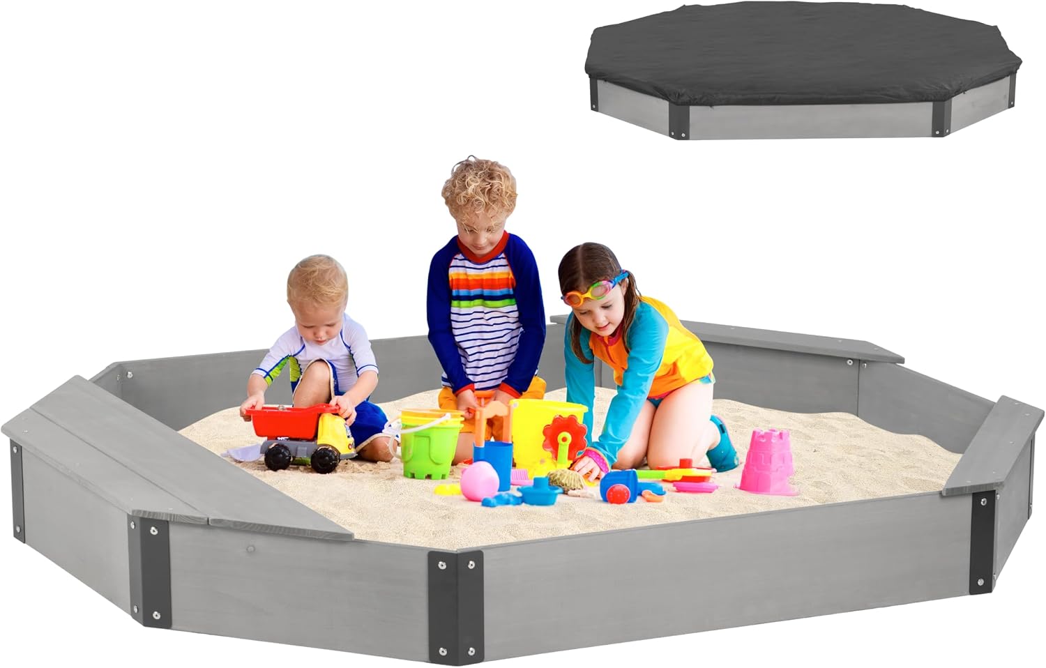 75.5''x53''x8.5'' Octagon Sandbox with Storage Box for Kids Outdoor Play, Wood Large Sandpit with Cover & 3 Benches, Quick Easy Install