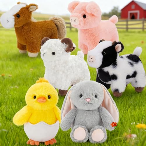 MaoGoLan 6 Pack Stuffed Farm Animals Bulk Plush Horse Cow Sheep Pig Chicken Bunny Farm Animal Toys Set for Kids Party Favors Decorations Christmas Valentine's Day Easter Birthday Gifts