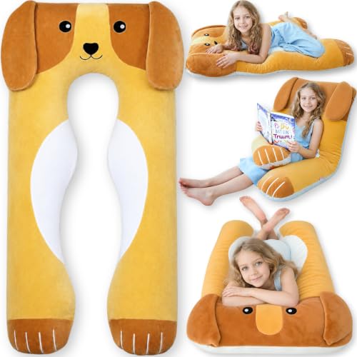 Dog Kids Body Pillow - 47" U-Shape Long Plush Soft Animal Pillow for Toddlers, Sleeping, Reading, ADHD & Special Needs Comfort, Anxiety, Washable Cover, Snuggle Fun Cuddle Pillow for Boys & Girls