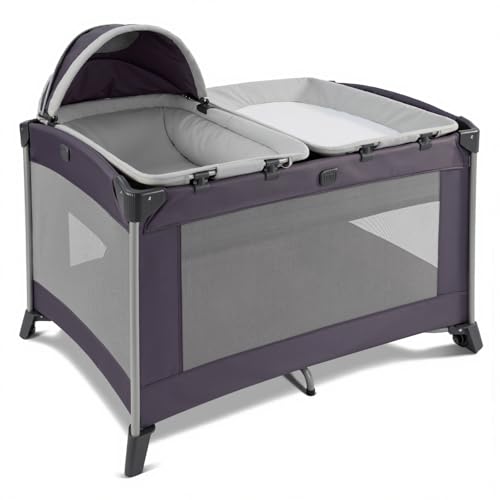 Portable Baby Playard 4 in 1 Design, Foldable Baby Playpen with Removable Bassinet, Canopy and Changing Table, Infant Playrad, Nursery Center Travel Crib (Toys Not Included)