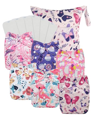 Babygoal Baby Cloth Diaper 6 Pack with 6pcs Inserts and Wet Bag for Fitted Diapers and Prefolds, Adjustable and Reusable Covers for Toddler Boys and Girls