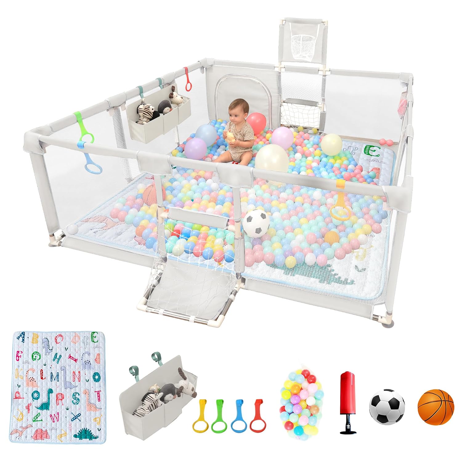Playpen for Babies and Toddlers,73"x71"Baby Playpen with Mat Indoor&Outdoor with Breathable Play Pen with Ocean Balls Hanging Pocket Basketball Hoop and Football Goal (Lighr Grey with Mat, 73"x71")