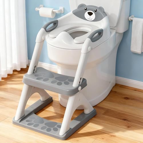 SKYROKU Potty Training Seat for Toddlers  2-in-1 Adjustable Potty Ladder with Step Stool, Anti-Slip Cushion, Splash Guard & Extra-Wide Pedals, Supports 200+ lbs, Ideal for Boys & Girls