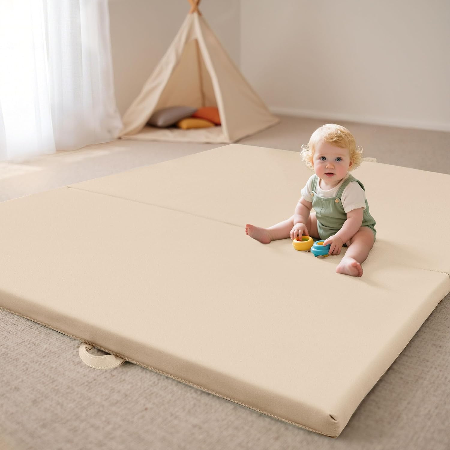 Bellas Friends Foldable Baby Play Mat for Floor, 50"x50" Vegan Leather Playpen Mat, 1.2" Extra Thick Foam, Non-Toxic, Wipe-Clean, Travel-Ready, Non-Slip Crawling Mat for Kids Toddlers&Infants, Beige