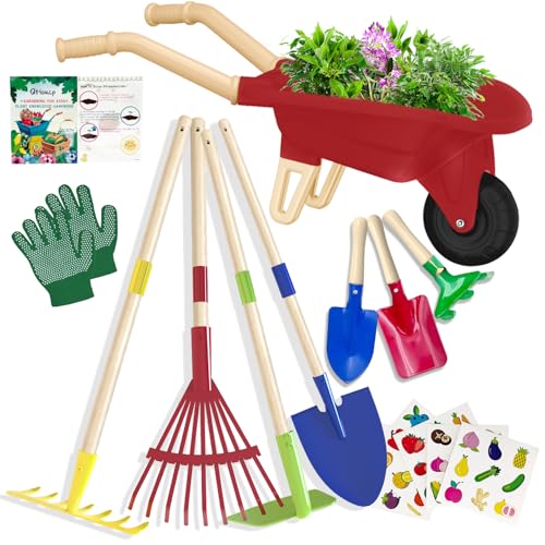 Kids Gardening Tools Outdoor Toys Set Backyard Play with Wheelbarrow Educational STEM Learning Pretend Toys Outdoor Indoor for Toddlers Kids Boys Girls (Red Wheelbarrow Set)