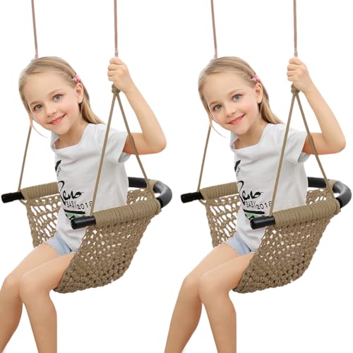 Hand-Knitting Toddler Swing, Swing Seat for Kids with Adjustable Ropes, Little tikes Swings Set, for Outdoor Indoor, Playground, Backyard (Brown-2 Pack)