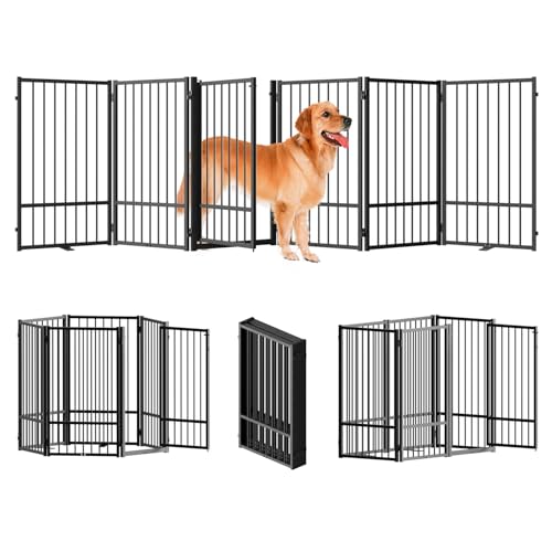 Full Metal Freestanding Dog Gate with Door, 36''Height Foldable Pet Dog Fence for Indoor & Outdoor, 6 Panels Extra Wide Free Standing TallDog Gates for Doorways,House,Stairs,Porch,Deck,Yard