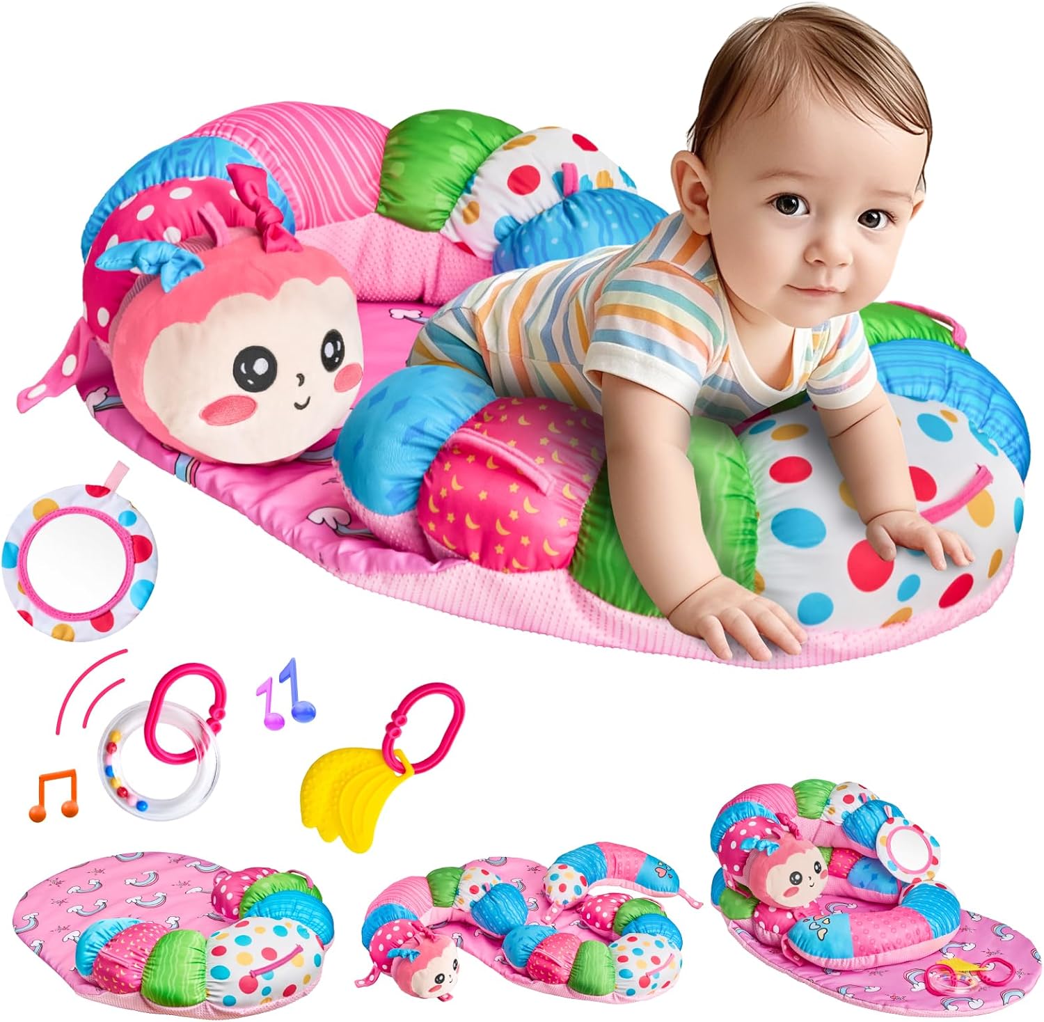 3-in-1 Caterpillar Tummy Time Pillow for Baby 0-6 Months, Detachable Tummy Time Playmat for Newborns, Sensory Toys for Babies 0 3 6 Months, Non-Slip Baby Support Seated Pillow, Gifts for Infant Girls