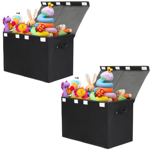 2 Pack Large Toy Box Chest Storage with Flip-Top Lid, Collapsible Kids Toy Storage Bin Boxes s for Toys, Playroom Organizers, 25"x13" x16" (Linen Black)