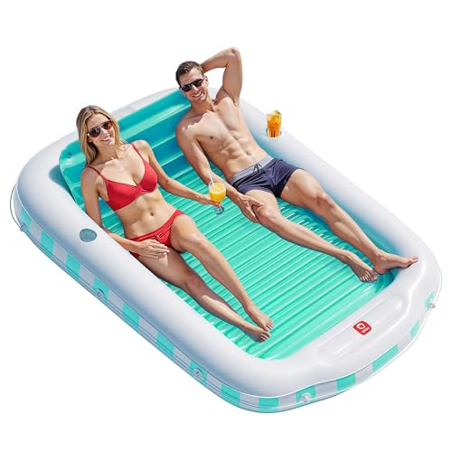 QPAU Inflatable Tanning Pool Float for Adults, 82" x 60" XL Sun Lounger with Removable Pillow, Footrest, Cup Holders, Cushion Base, Durable PVC, for Pool, Patio, Garden, Lake Use