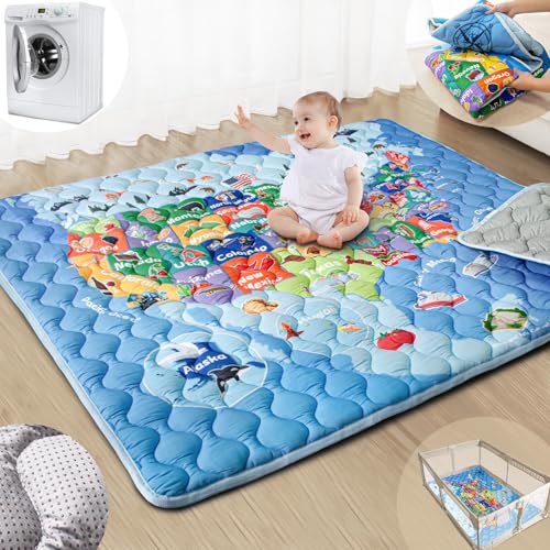 Baby Play Mats for Floor, 71x59 Upgraded Thickness & Larger Super Soft Playmat for Babies and Toddlers, Foldable Washable, Upgrade Anti-Slip Crawling Mat for Playpen(Map)