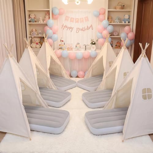 wilwolfer 6 Pack Kids Teepee Tent Bulk with Light and Inflatable Airbed, Natural Cotton Toddler Play Tent for Girls Boys Indoor Outdoor Sleepover Slumber Party Birthday Gifts