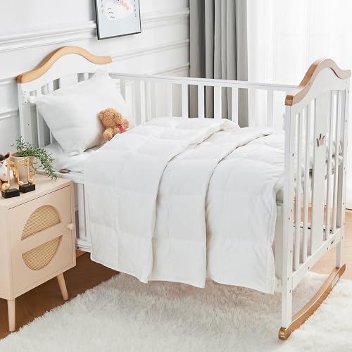 Baby Crib Comforter Lightweight Summer Cooling Goose Down Duvet, Hypoallergenic 100% Organic Cotton Quilted Washable Air Conditioner Nursery Blanket with Corner Tabs, White 47x60 Inches