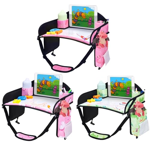 Kids Travel Tray, 3PCS Car Seat Tray for kids Travel, Toddler Road Trip Essentials With Drawing Kit, Toddler Lap Desk Organizer for Car, Carseat Table for Airplane