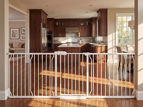 Heavy Duty Baby & Dog Safety Gate, Extra Wide 85.8-90.5 Inch,White Metal, Tension Mounted No Drilling Pet Gate for Large Openings