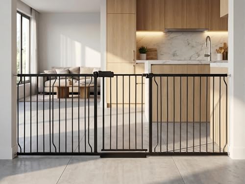 Heavy Duty Baby & Dog Safety Gate, Extra Wide 85.8-90.5 Inch,Black Metal, Pressure Mounted No Drilling Pet Gate for Large Openings