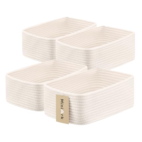 Small Storage Baskets for Organizing | Closet Organizer Bins | Shelf Toy Basket | Woven Rope Baskets | Cube Decorative Box | Shallow Basket | 11.5x7.5x4.7 | 4 Packs Off White