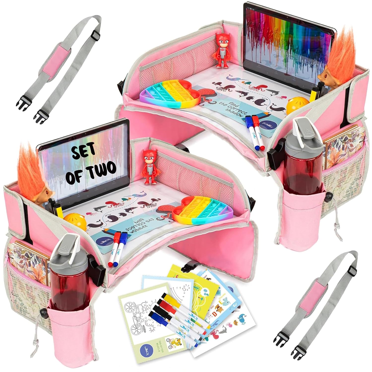 PILLANI Kids Travel Tray for Car - Car Seat Tray for Kids Travel, Road Trip Essentials Must Haves - Carseat Table Roadtrip Activities - Toddler Lap Desk Organizer for Airplane - Pack of 2, Pink