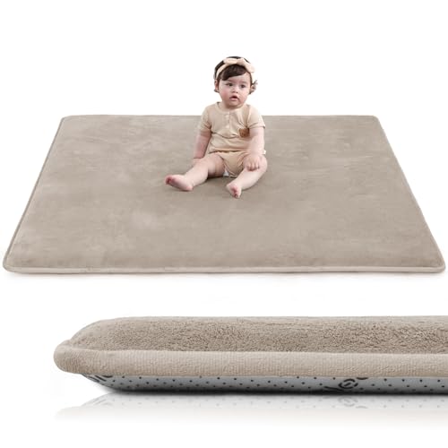 Baby Play Mat for Floor,1.3" Thick Elasti-Foam 50"50" Playpen Mat for Tummy Time,Water Repellent Soft Coral Velvet for Toddler,Infant,Kids,Non-Slip Backing Safe for Crawling(Beige)