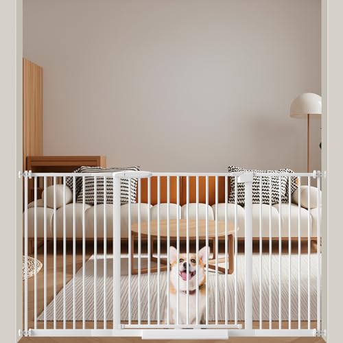WAOWAO 1.37" Ultra Narrow Spacing Extra Wide Dog Pet Gate 53.74-61.61" Pressure Mounted Walk Through Double Lock Swing Auto Close Safety White Metal Toddler Baby Puppy Pet for Indoor,Doorway,Kitchen