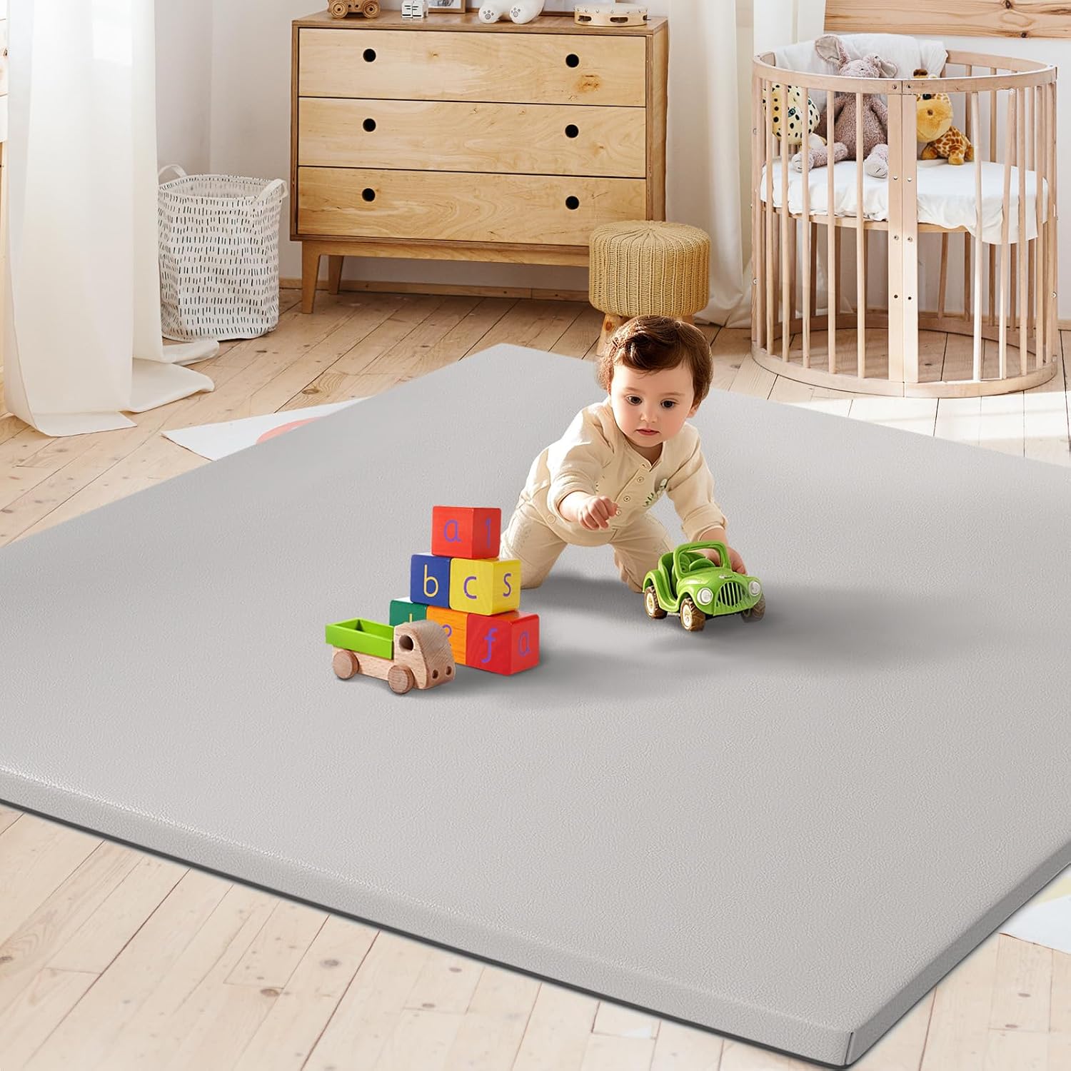 Padded Vegan Leather Baby Play Mat, 1.3 Inch Thicken Foam Cushioned & 50 x 50 Waterproof Playpen Mat for Infants and Toddlers, Stylish and Just Wipe-Clean Playmat for Baby Play on Floor,Brown Gray