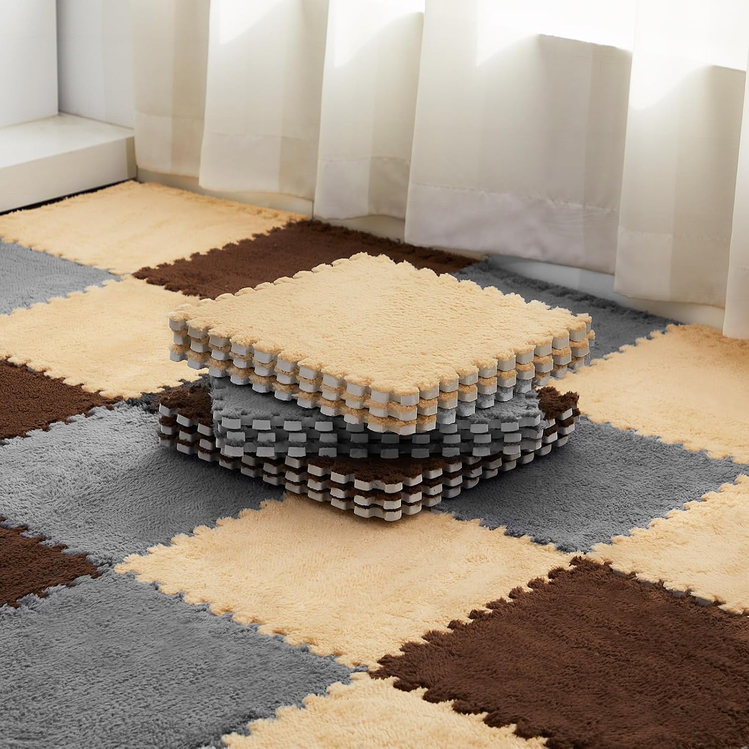 Amylove 36 Pcs Plush Foam Floor Mat Square Interlocking Carpet Tiles with Border Fluffy Play Mat Floor Tiles Soft Climbing Area Rugs for Home Playroom, 12 x 12 x 0.4 in (Gray,Apricot,Dark Brown)