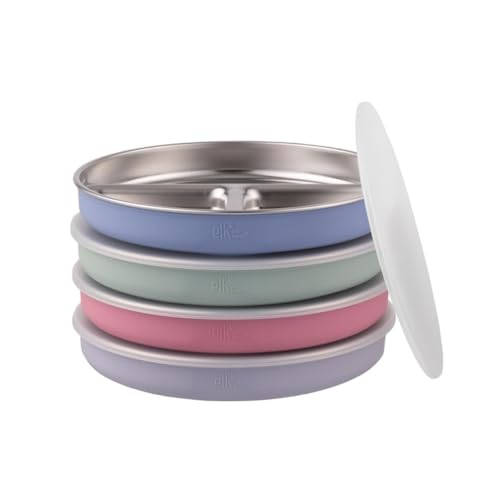 Stainless Steel Divided Plates + Silicone Sleeve and Storage Lid | Baby, Toddler, Kids | Dinner & Snack Plates | 4 Pack