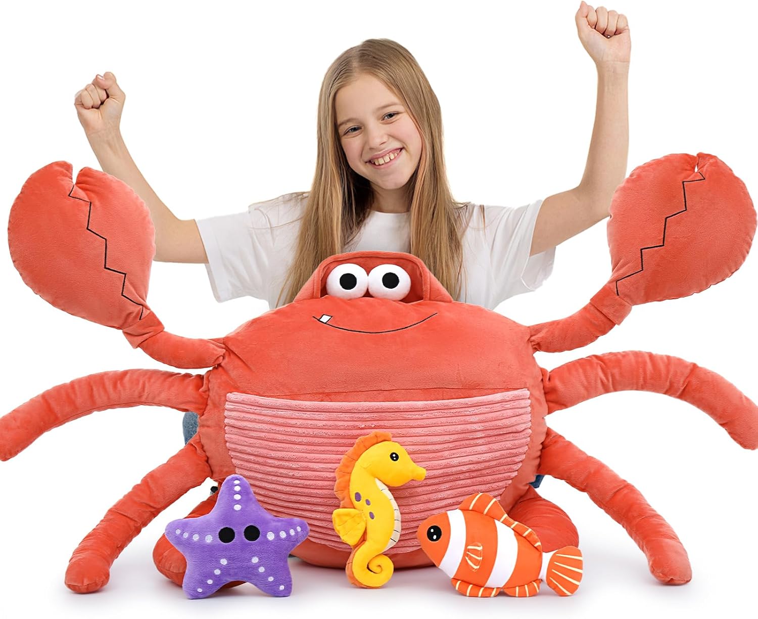 4Pcs Giant Crab Plush Toy Set, 43.3" Weighted Crab Stuffed Animal with 3 Small Cute Stuffed Sea Animal, Seahorse Starfish Clownfish Plushies Gift for Kids, Under The Ocean Party Favor, Red