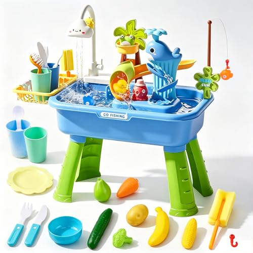 Play Sink with Running Water, Toddler Water Table with Automatic Water Cycle System, Water Table for Toddlers Fishing Kitchen, Role-Play Sand Water Table for Kids Ages 4-8 Kids Gift Toy (Blue)