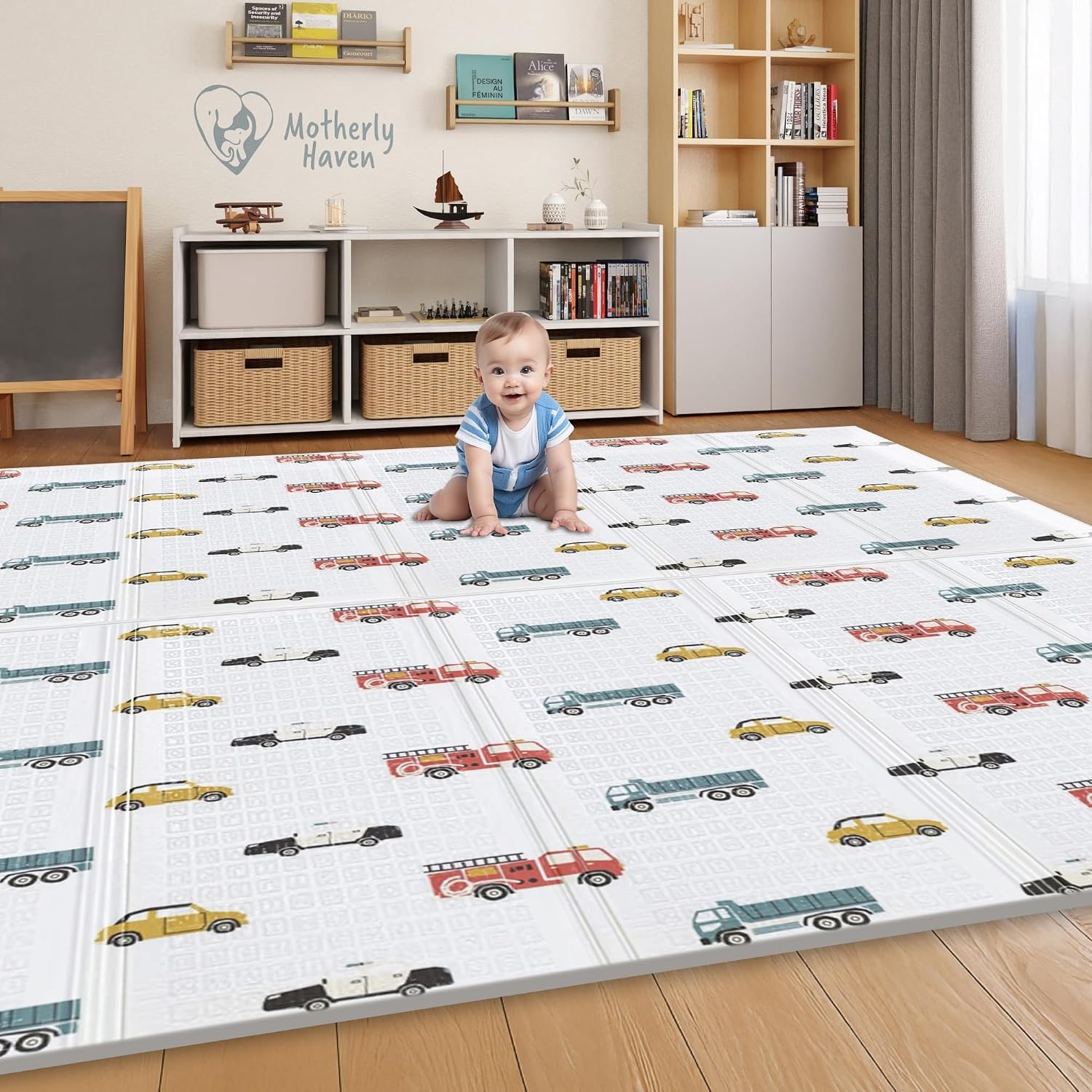 79x71 Foldable Baby Play Mat for Floor, Extra Large Reversible Foam Play Mat for Babies 6-12 Months, Waterproof Portable Foam PlayMat for Tummy Time for Toddler - Cars and Horses