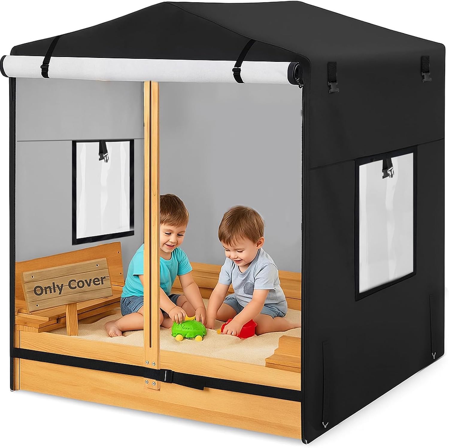 Sandbox Cover, 48 "L x 48 "W x 48 "H Heavy Duty Outdoor | Waterproof & Rainproof | See-Through Window + Zipper Opening | for Wooden Sandbox with Canopy & Benches.