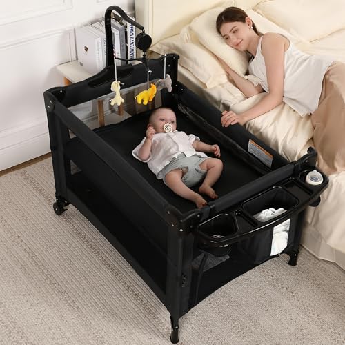 Pack and Play, 5 in 1 Baby Playard  Portable Crib, Bassinet, Bedside Sleeper, Changing Table & Playpen | Breathable Mesh | Safe & Foldable for Newborns to Toddlers (Black)