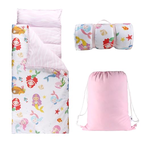 Toddlers Nap Mat with Removable Pillow and Soft Blanket, Lightweight Daycare Preschool Kindergarten Sleeping Bag, Travel Slumber for Kids Girls Boys