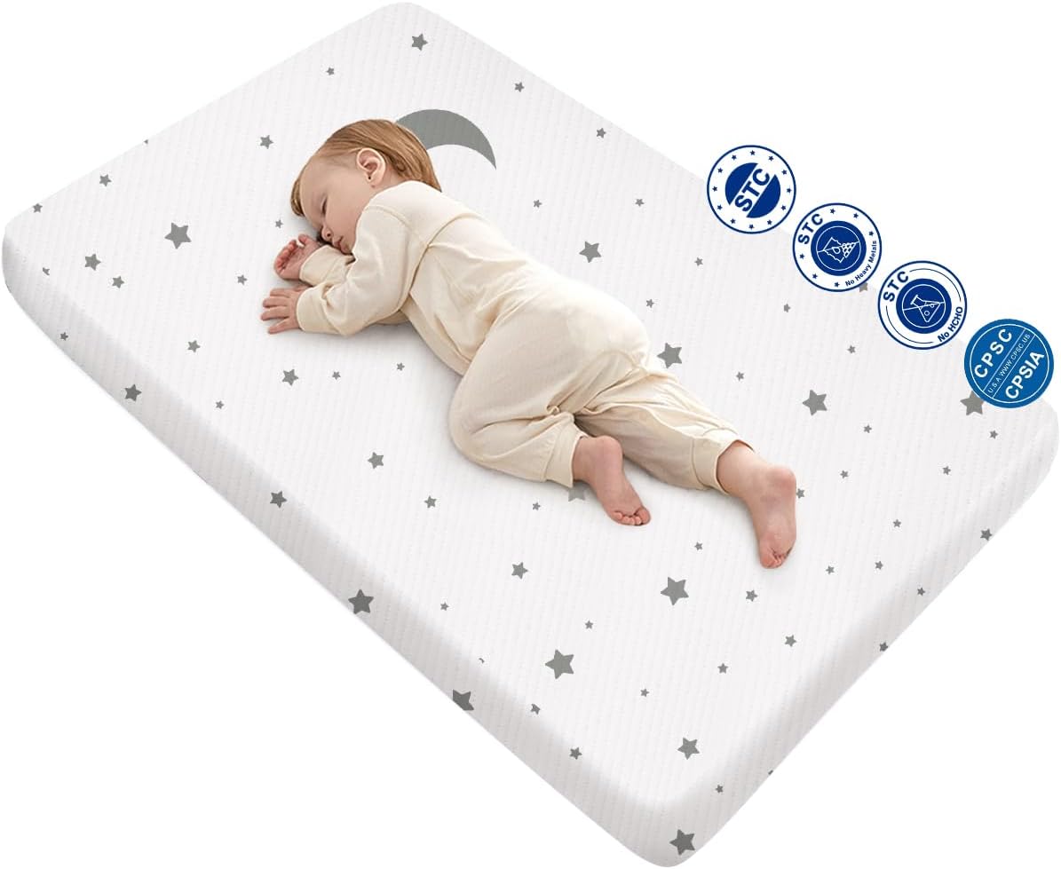 Star Pack and Play Mattress - 38x26x1.5 in Pack N Play mattresses for Baby and Toddler - Portable Breathable Crib Mattress Pad with Soft High Density Foam Washable Waterproof Cover
