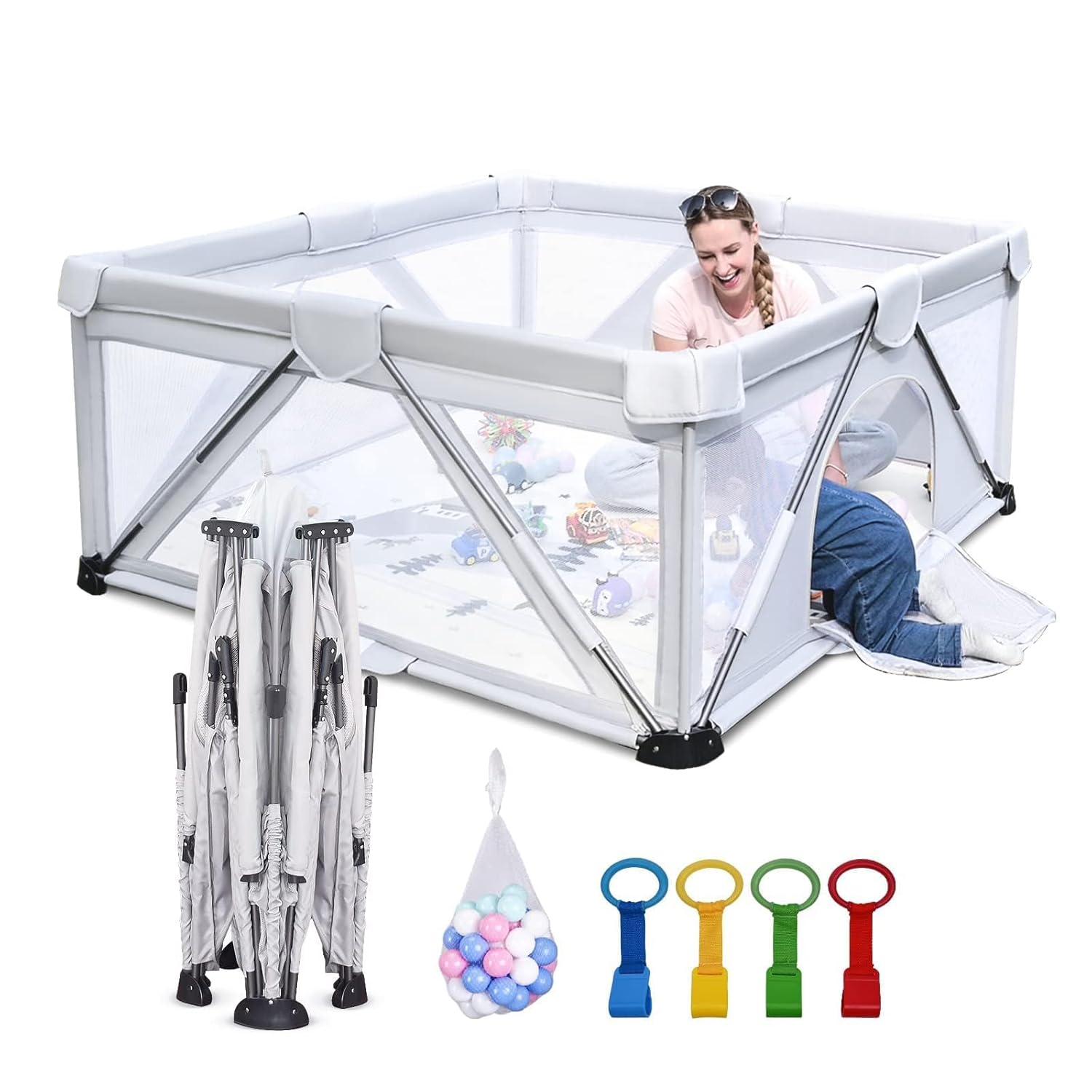 Foldable Baby Playpen 59x59 inch, iTiLike Playpen for Babies and Toddlers with 50 PCS Ocean Balls & 4 Handles, Indoor & Outdoor Kids Safety Play Pen Area, Portable Travel Play Yard,Gray