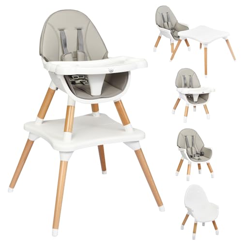 BABY JOY 5 in 1 Baby High Chair, Convertible High Chairs for Babies and Toddlers/Booster Seat/Table and Chair Set, Infant Wooden Highchair w/ 5-Point Harness, Double Removable Tray & PU Cushion (Gray)