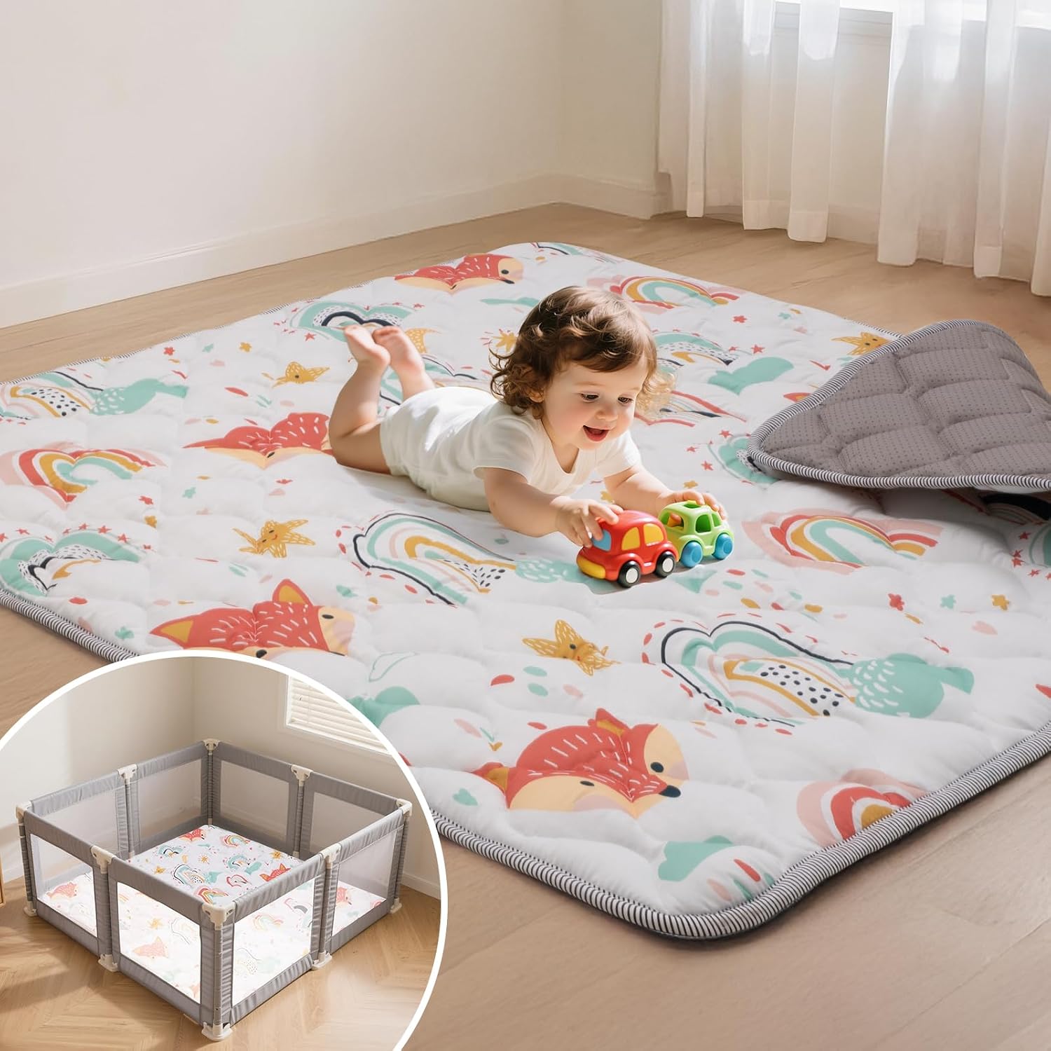 Baby Play Mat for Floor,71x59 Inch Soft Padding Crawling Mat for Playpen, Foldable and Machine Washable, Thick for Babies & Toddlers,Rainbow Fox