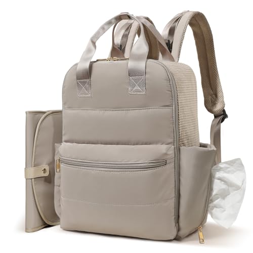 MOMINSIDE Diaper Bag Backpack Large Baby Diaper Bag With 15 Pockets,Patchwork Baby Travel Bag Organizer for Mom,4 Insulated Pockets,Changing Pad, Stroller Straps,Brown