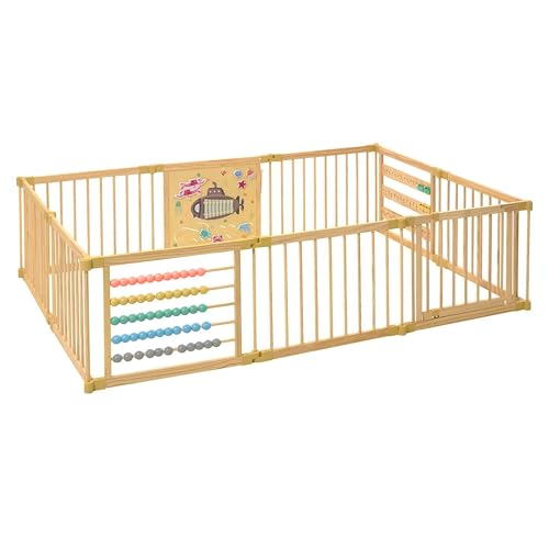 Wooden Playpen Extra Large for Toddlers and Babies - Under The Sea Theme Toy Desighn - (8/10) Wood Panels - Foldable and Adjustable Baby playpen - Extra Large Baby playpen (10-Panels)