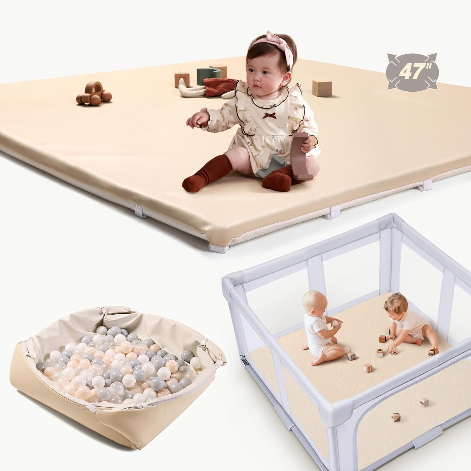 Baby Padded Floor Mat: 2025 Upgrade 2-in-1 Foldable 47x47 Foam Soft Mat & Play Pit- 1.4inch Extra Thick Vegan Leather Waterproof Play Mat for 50x50 Playpen -Playmat for Infants Babies