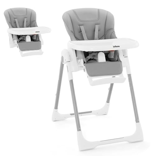 INFANS High Chair for Babies & Toddlers, Foldable Highchair with Multiple Adjustable Backrest Footrest Seat Height, Removable Tray, Detachable PU Leather Cushion Wheels (with Booster, Light Grey)