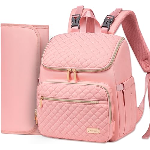 Weitars Diaper Bag Backpack Large Baby Diaper Bag with Changing Pad Travel Diaper Backpack,Baby Bag for Boys Girls,Stroller Straps,5 Insulated Pockets (Pink)