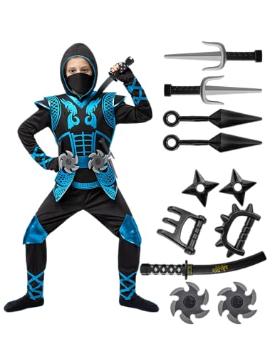 Spooktacular Creations Blue Ninja Costume Set, Ninja Jumpsuit with Foam Accessories for Kids, Toddler Halloween Outfit for Ideas Cosplay Party (Large, 10-12 yrs)