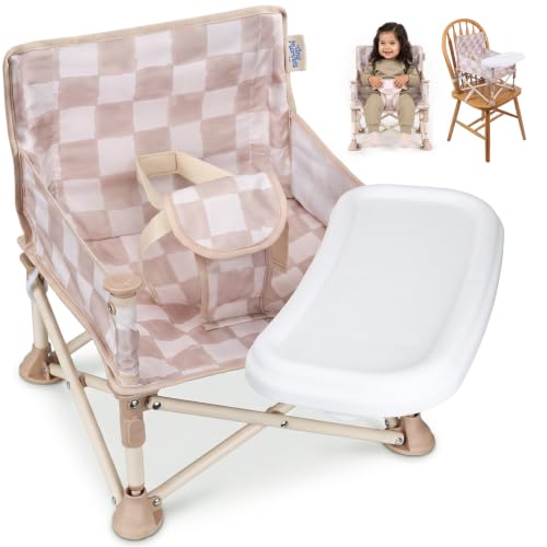 Tiny Marvels Portable 3-in-1 Baby Chair, Cozy Booster Seat, Baby Seat with Tray, Compact Foldable, Toddler Chair with Child Safety Belt Carry Bag, Perfect for Travel (Sand Checker)