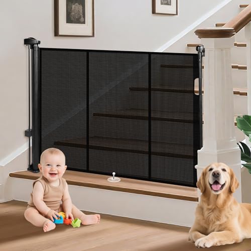 Retractable Baby Gates for Stairs, 55" Wide Retractable Dog Gate Pet Gate, 34" Extra Tall Child Safety Gate Toddler Mesh Gate with Support Rods for Doorways, Hallways, Deck, Porch, Indoor, Outdoor