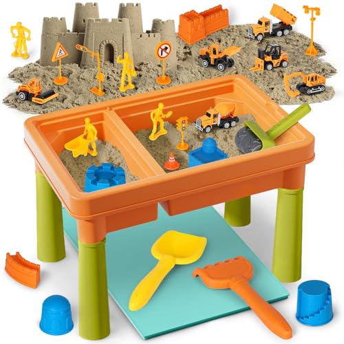 Lehoo Castle Sensory Table with Sensory Sand, Sensory Bin with Lid & 2.6lbs Play Sand, Construction Kit with 6 Alloy Trucks & Castle Molds, Sensory Toys for Toddler Boys and Girls