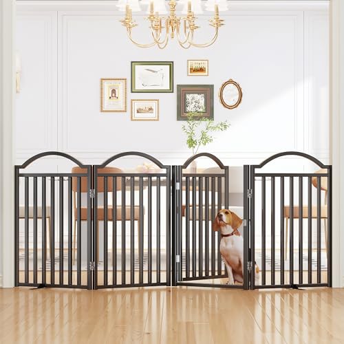UDD Dog Gate Indoor 96" Extra Wide, 32" Tall Foldable Pet Gate with Door for Stairs Doorways Hallways Porch, Freestanding No Drilling Metal Pet Fence for Dogs Puppy, Black 4-Panel