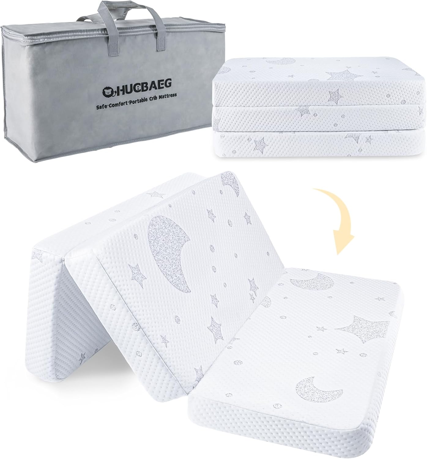 Trifold Pack and Play Mattress, Pack N Play Mattresses with Dual-Sided Memory Foam, Foldable Baby Mattress for Pack and Play Playpen with Removable Cover and Travel Bag