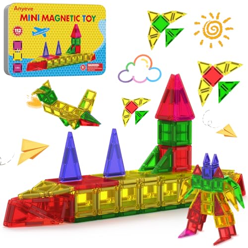 112PCS Mini Magnetic Tiles for Kids, Magnetic Tiles Travel Set with Iron Box, Portable Construction Toys STEM Educational Building Set for Kids Ages 4-8 Toddlers, Boys & Girls Birthday New Year Gift